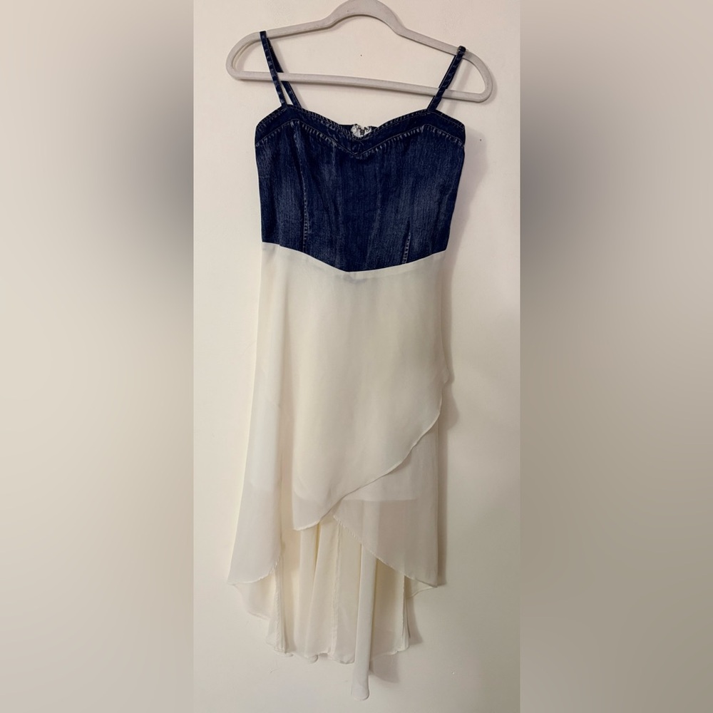 Double Zero Dress Blue Denim Corset Style Top with Chiffon Draped Bottom, L